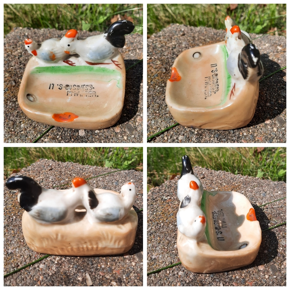 Vtg small ceramic ashtray business ad rooster Japan